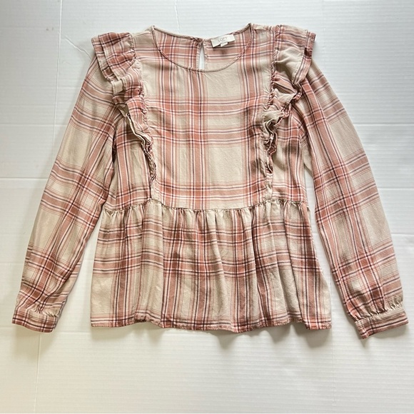 Loft Outlet Medium Pink Plaid Peplum Ruffle Top Blouse Long Sleeve 100% Viscose - Picture 1 of 7